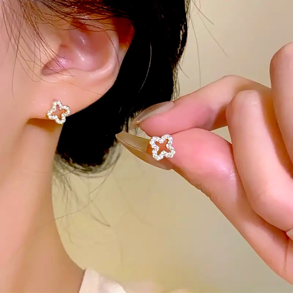 14k Gold Plated Cubic Zirconia Flower Earrings, Cubic Zirconia Clover Earrings